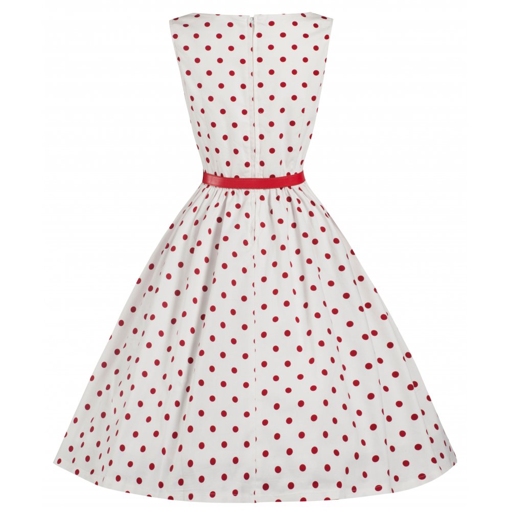 Audrey Punkte Kleid in weiß mit kleinen roten Punkten Gr. 42